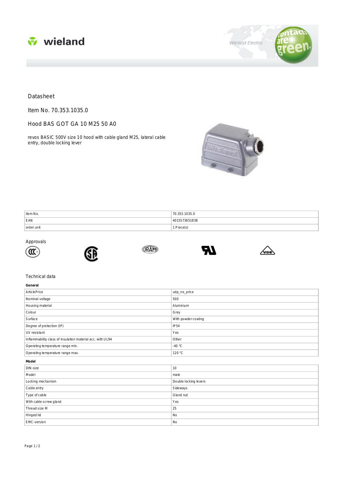 Wieland 70.353.1035.0 Data Sheet