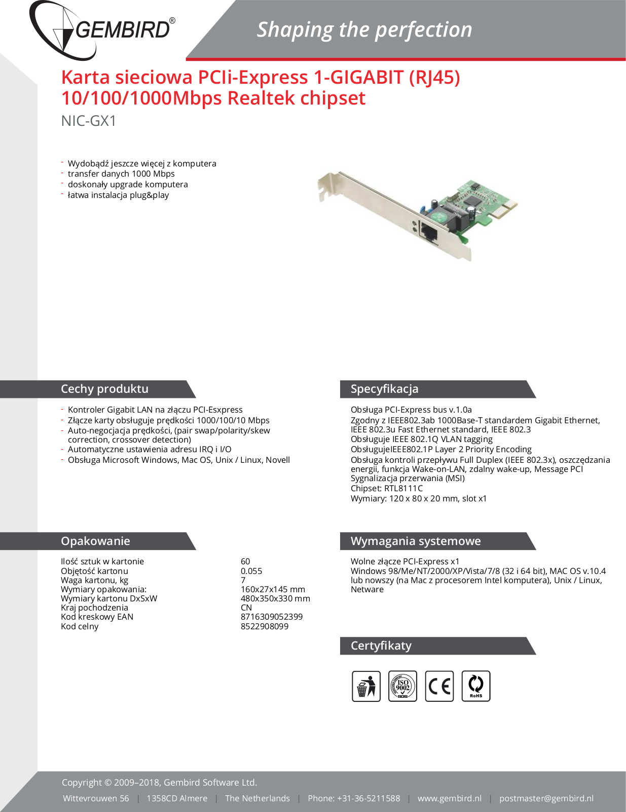 Gembird NIC-GX1 Technical data