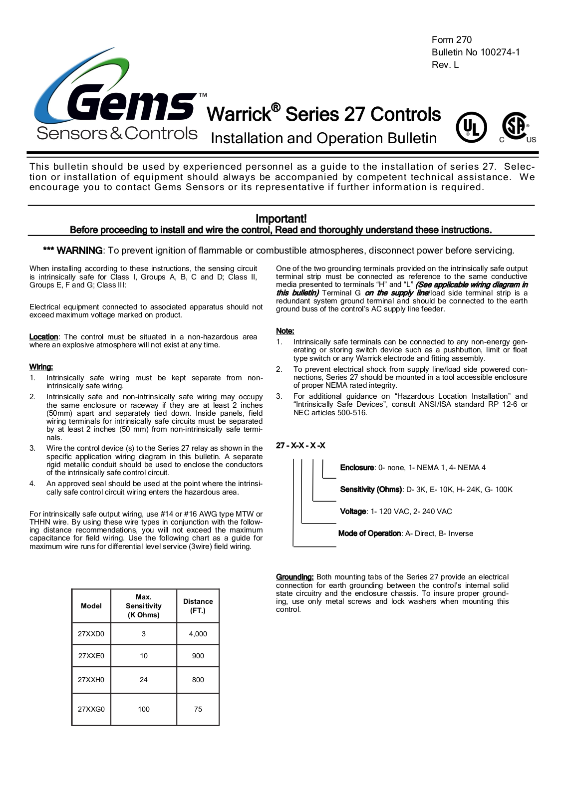 Gems Sensors & Controls 27 Operating Manual