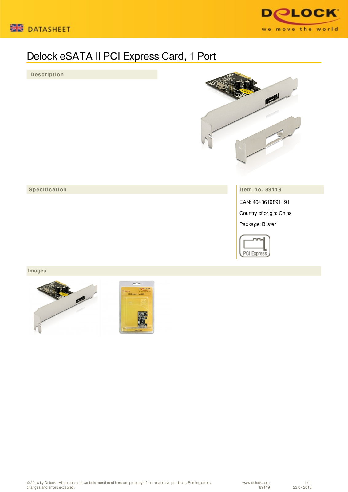 DeLOCK 1x eSATA, PCIe x1 User Manual