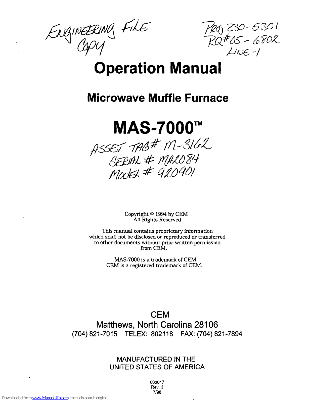 CEM MAS 7000 Operation Manual