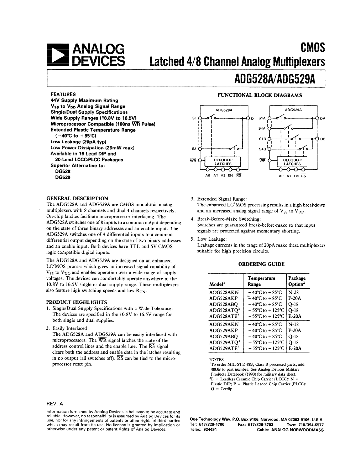 Analog Devices ADG529AKN, ADG529ABQ, ADG528ATQ, ADG528ATE, ADG528AKP Datasheet