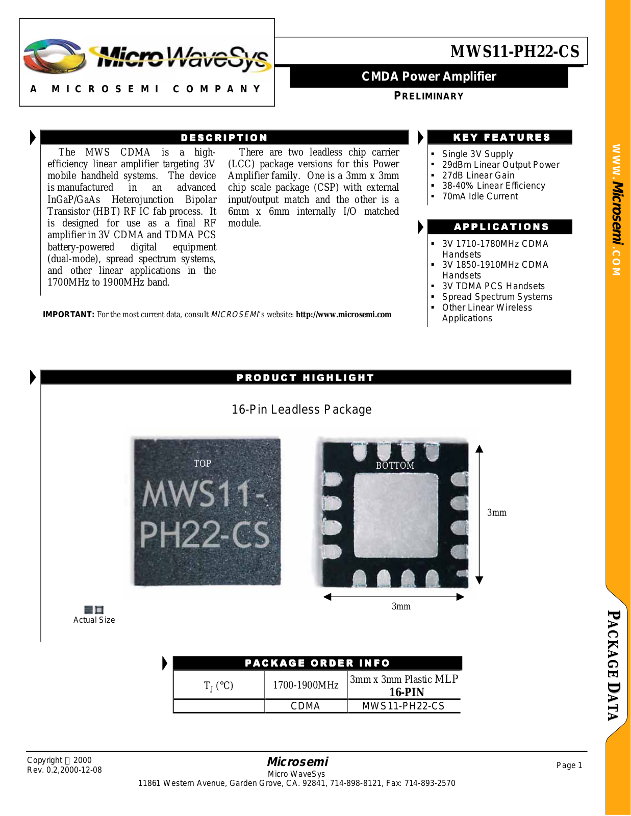 Microsemi Corporation MWS11-PH22-CS Datasheet