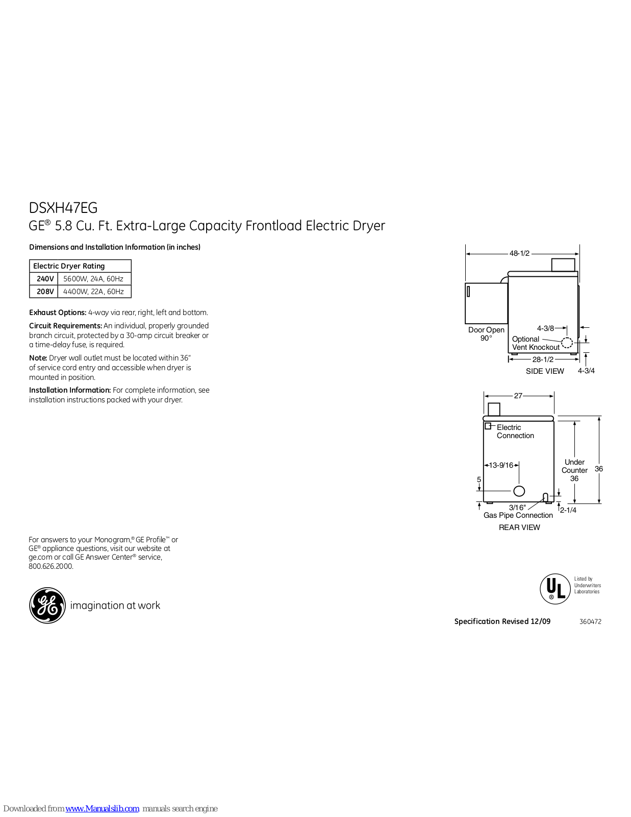 GE DSXH43EF, DSXH43GF, DSXH47GG, DSXH47EGWW Dimensions And Installation Information