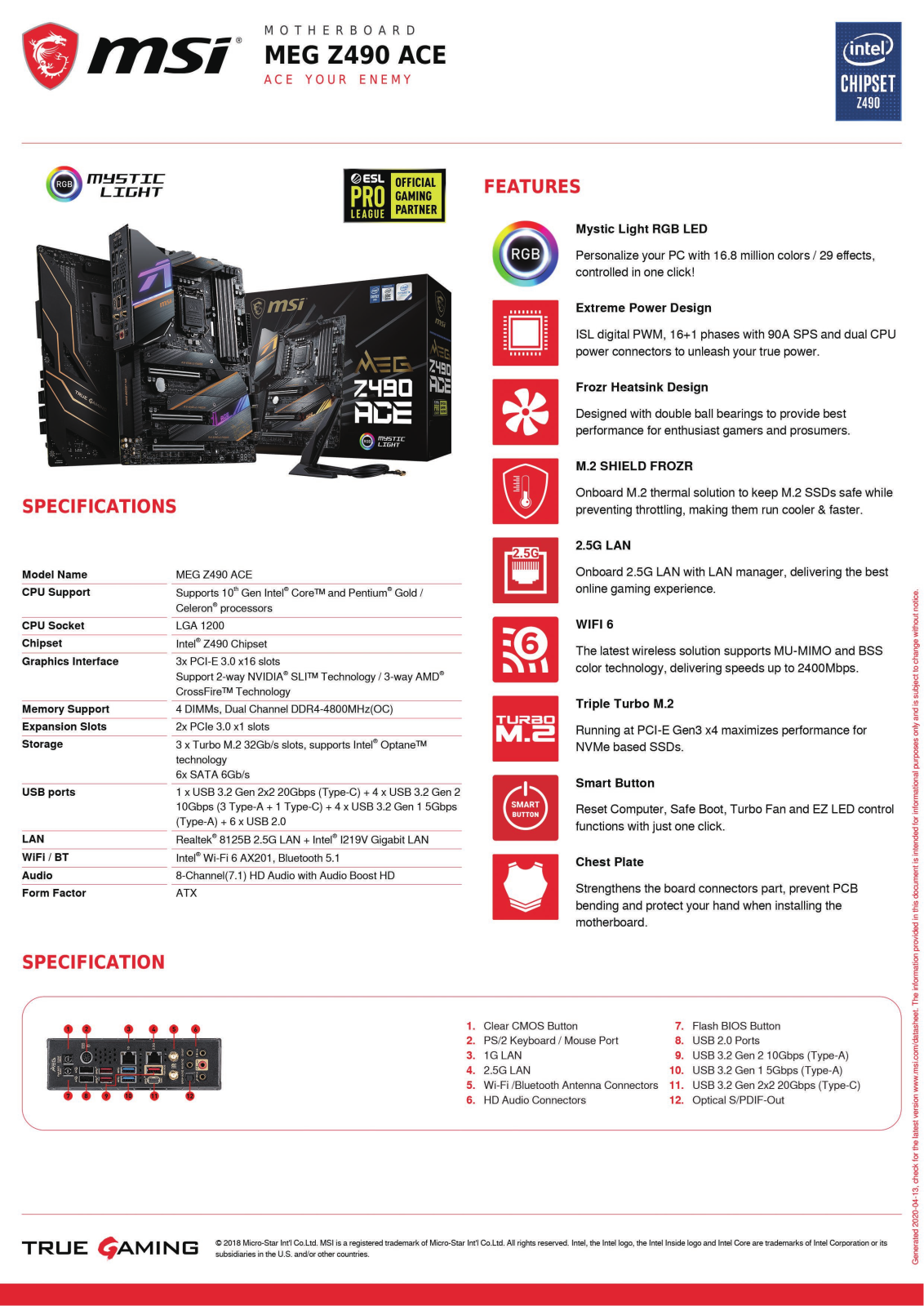 Msi MEG Z490 ACE Product Data Sheet