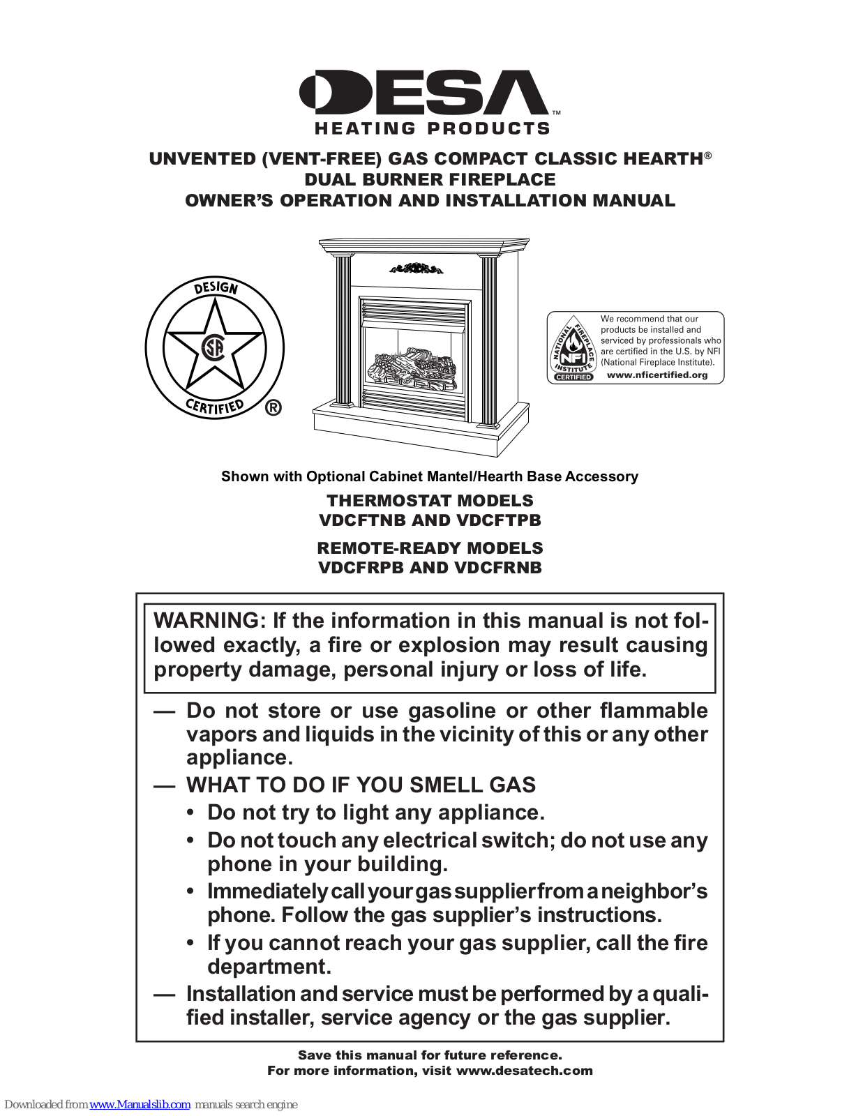 Desa VDCFRNB, VDCFTPB, VDCFRPB Owner's Operation And Installation Manual