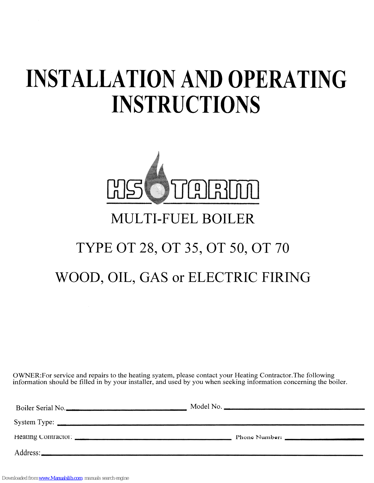 HS Tarm OT 28, OT 35, OT 70, OT 50 Installation And Operating Istructions