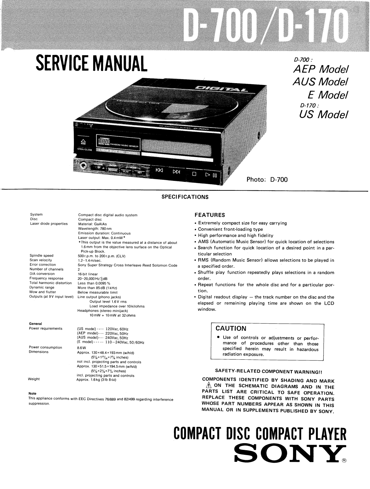 Sony d-700, d-170 Service Manual