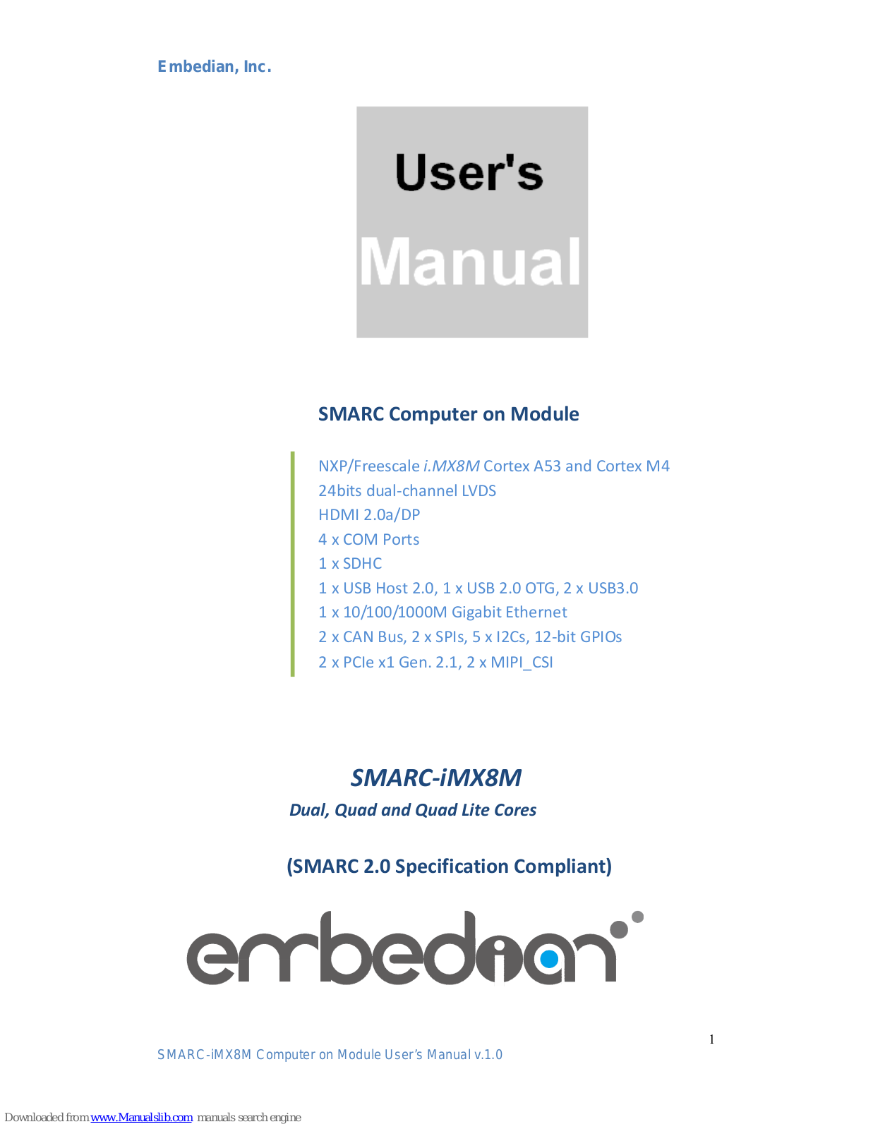Embedian SMARC-iMX8M Series, SMARC-iMX8M-D-2G User Manual - ManualMachine.com