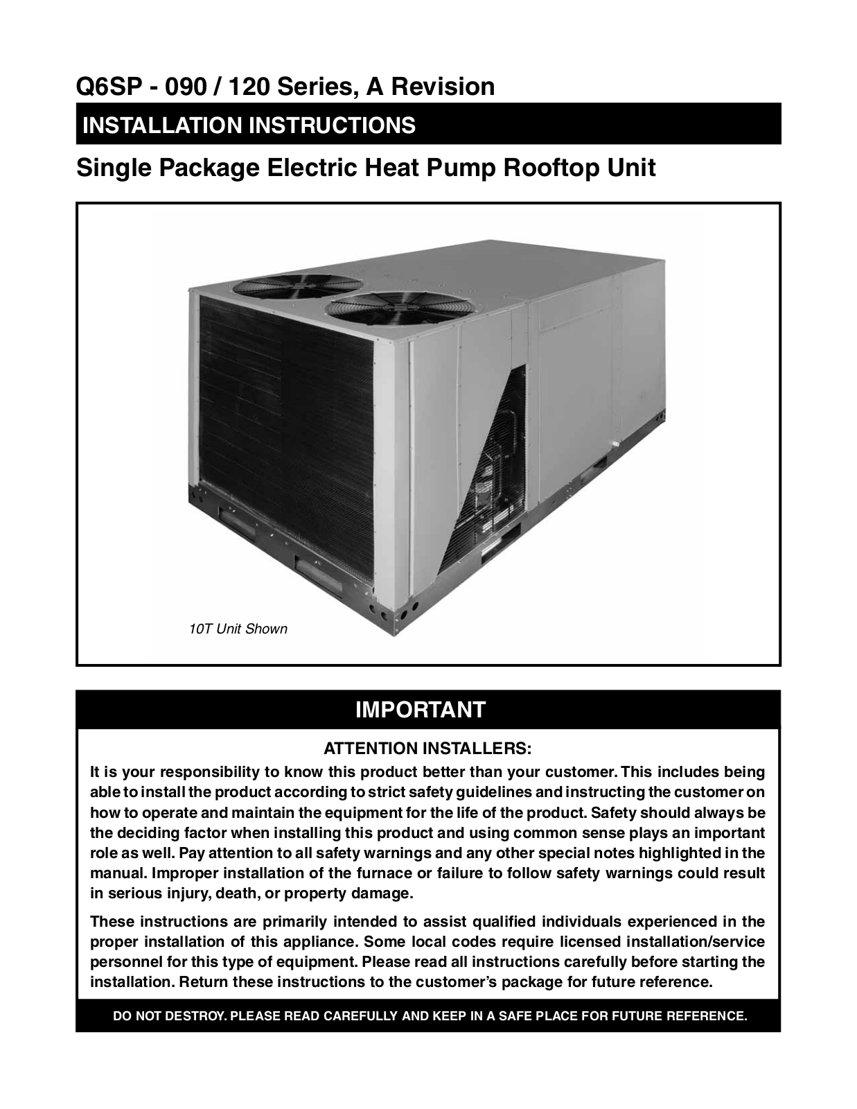 Reznor Q6SP-090C Installation  Manual