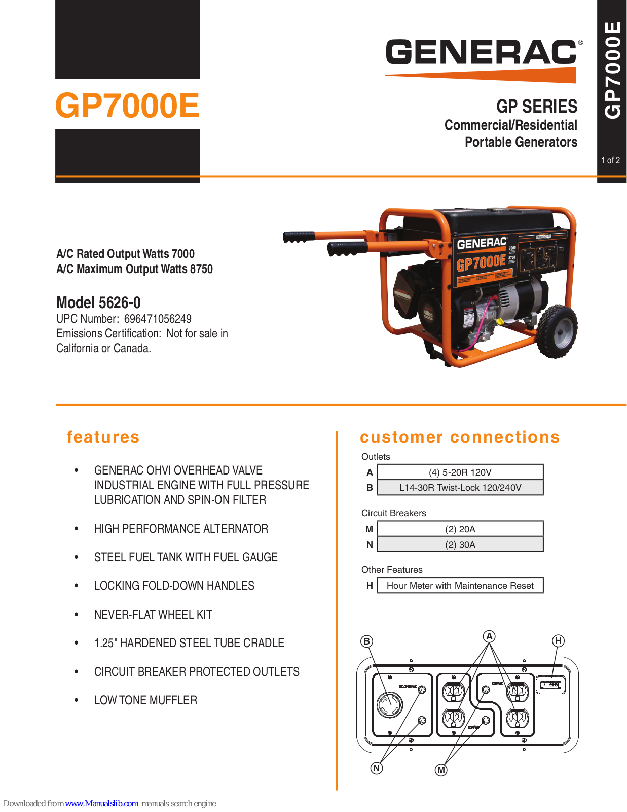 Generac Power Systems GP7000E GP SERIES, 5626-0 Specification