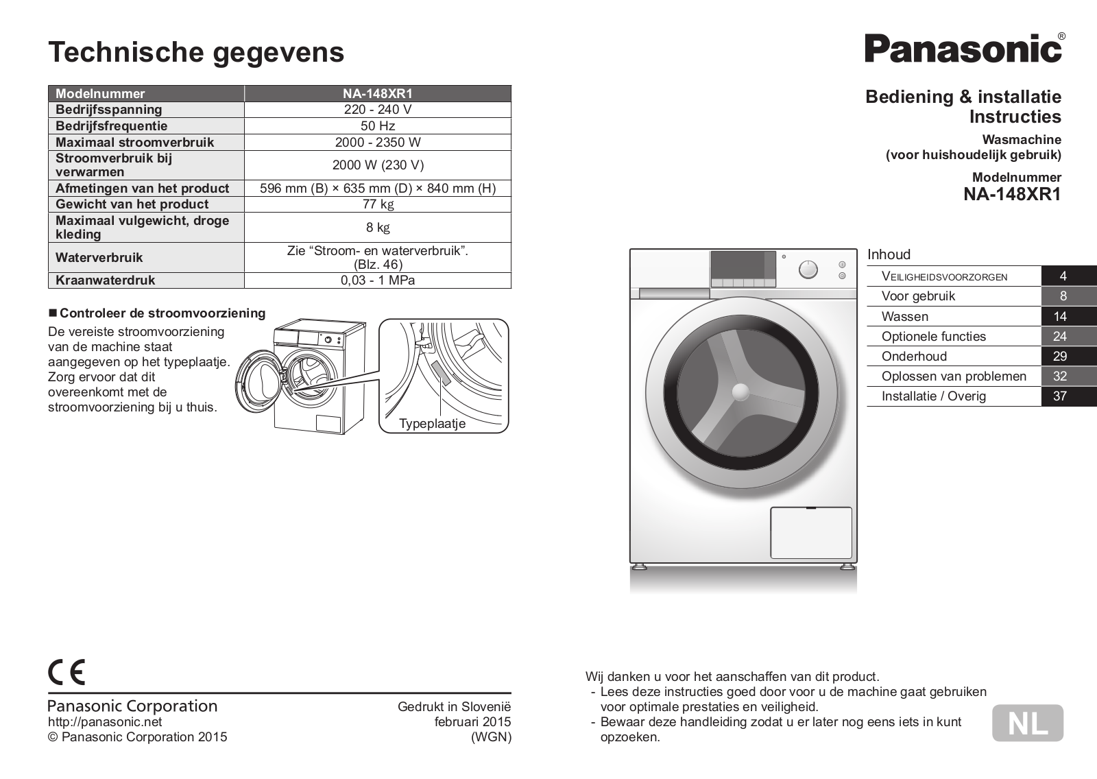 Panasonic NA-148XR1 User and installation Manual