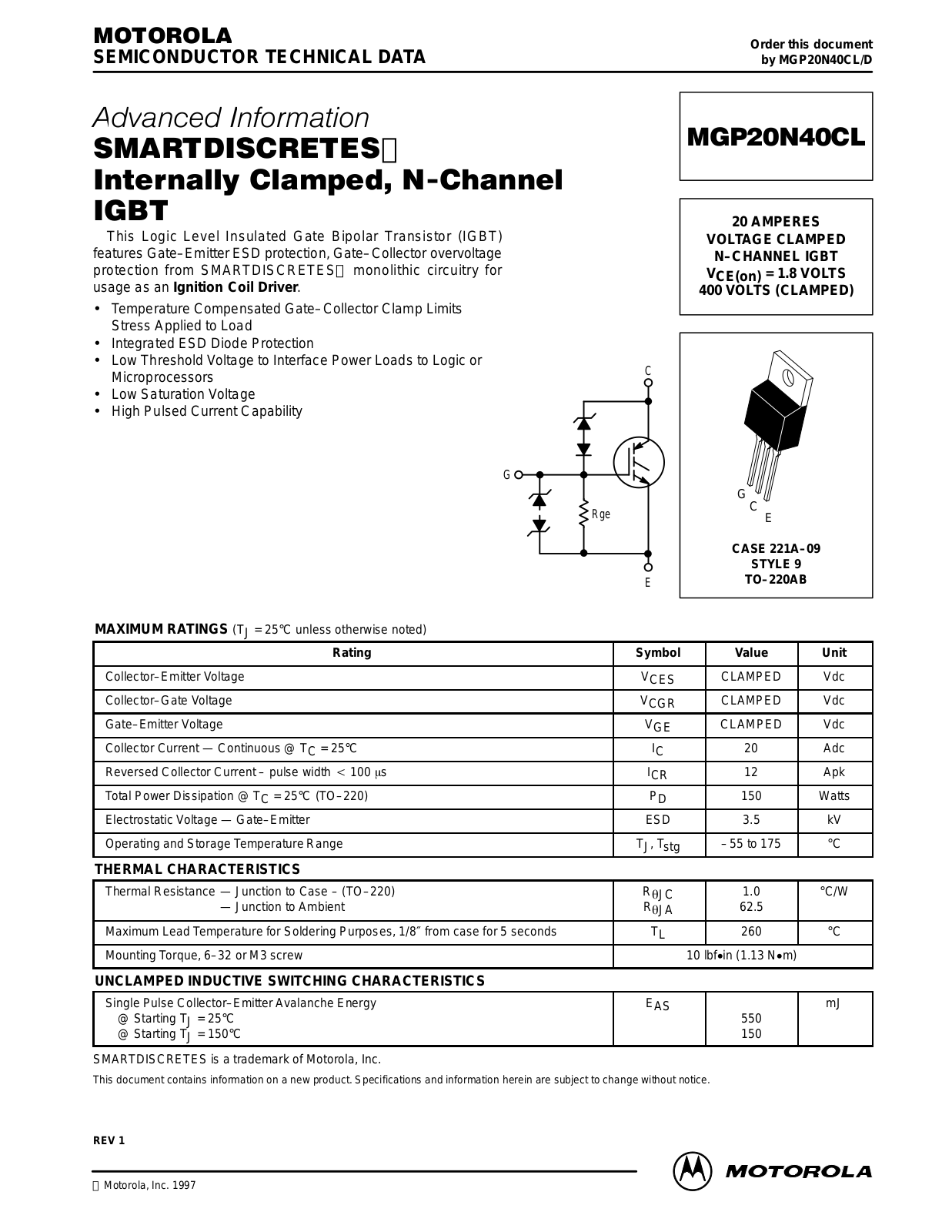 MOTOROLA MGP20N40CL Datasheet