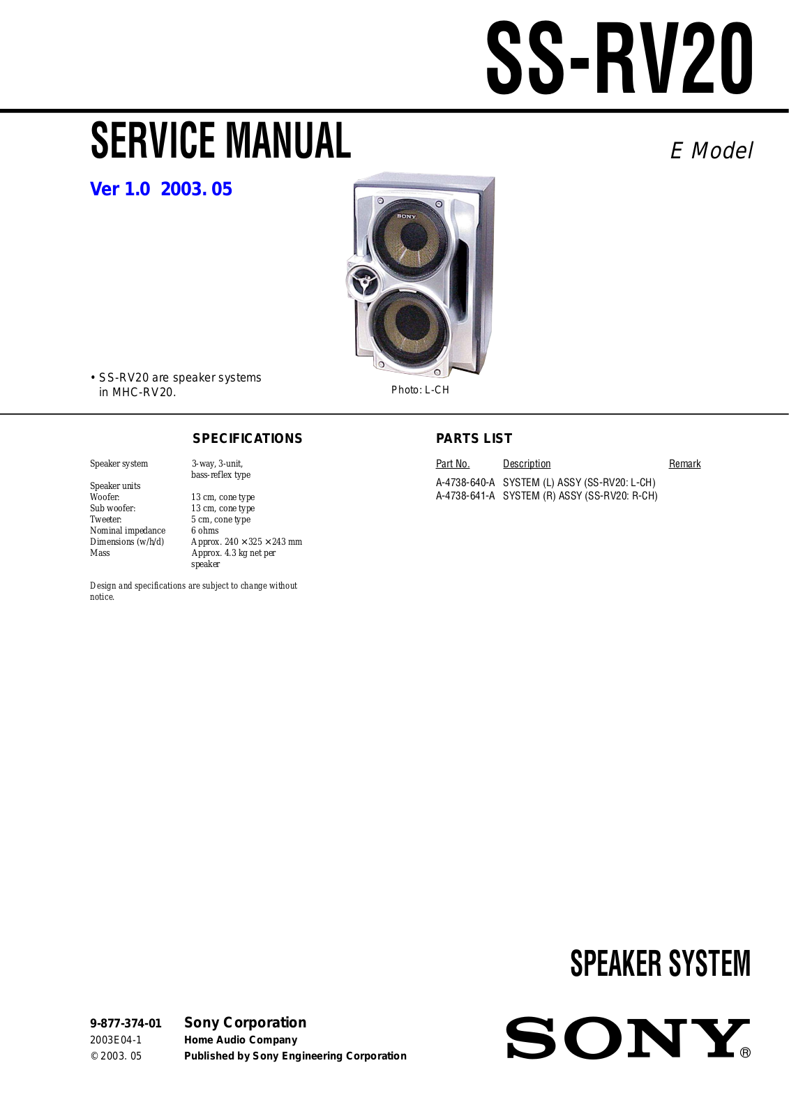 Sony SS RV20 Service Manual