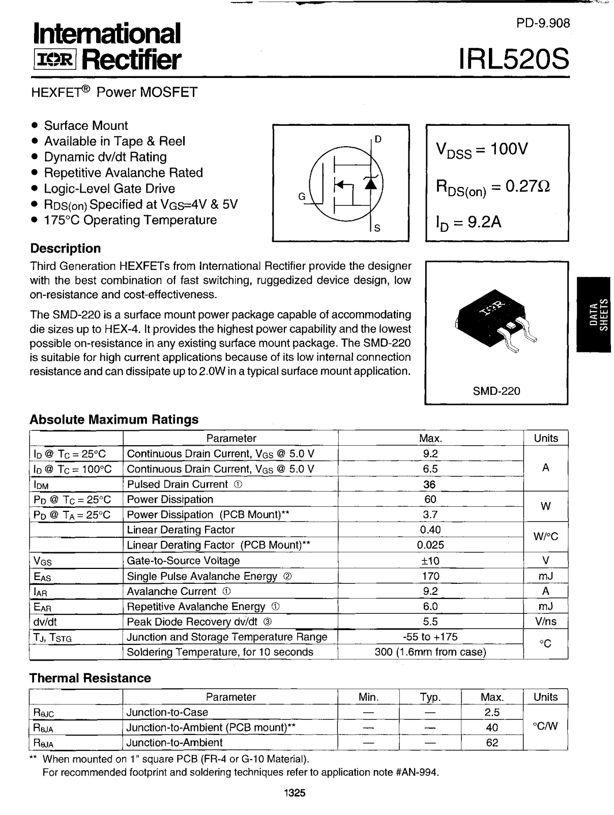 Vishay IRL520S Data Sheet