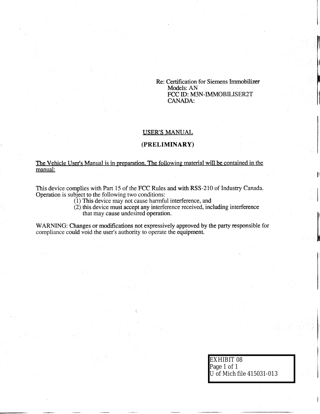 Continental Automotive Systems US IMMOBILISER2T Preliminary