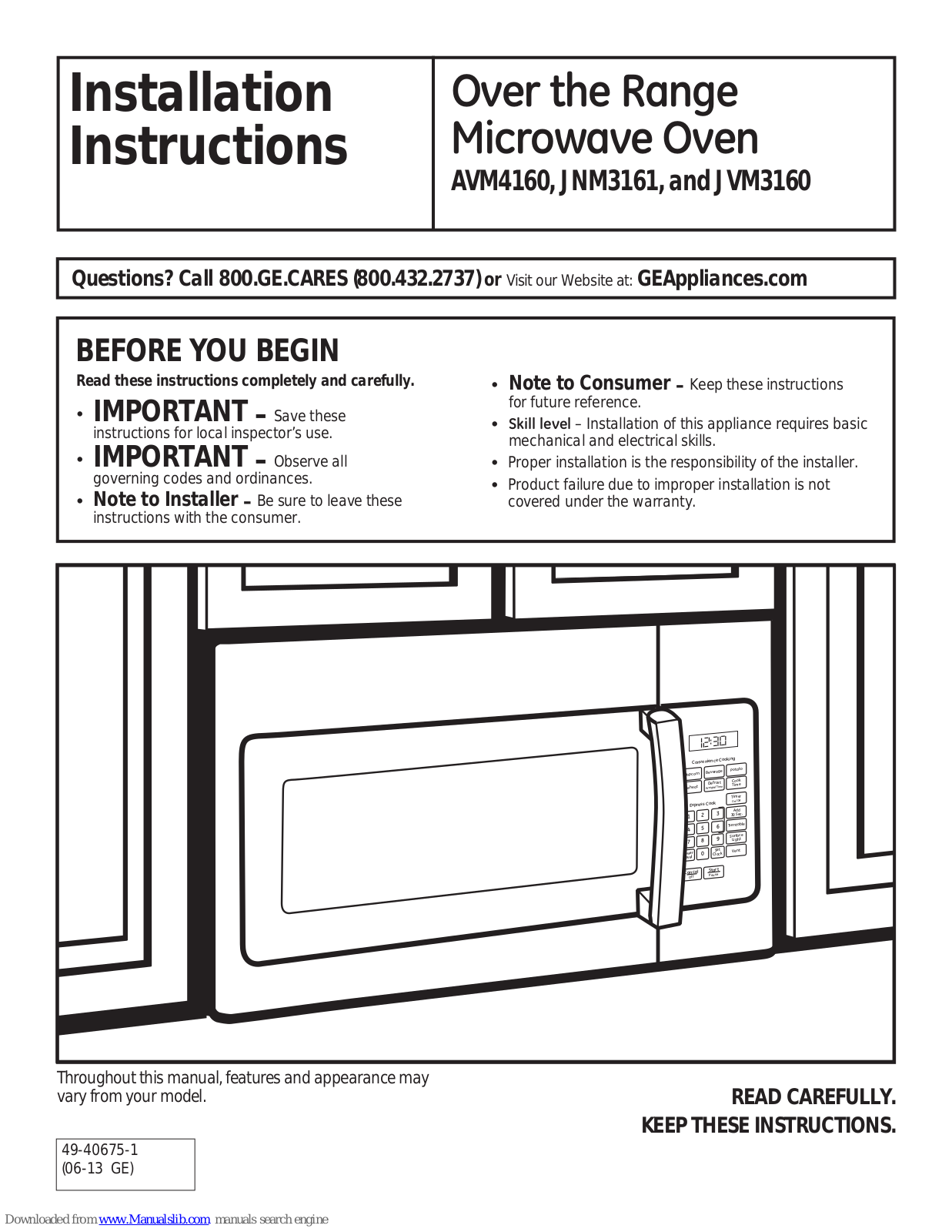 GE JNM3161RFSS, JVM3160RFSS, AVM4160DFBS, AVM4160DFWS, AVM4160 Installation Instructions Manual