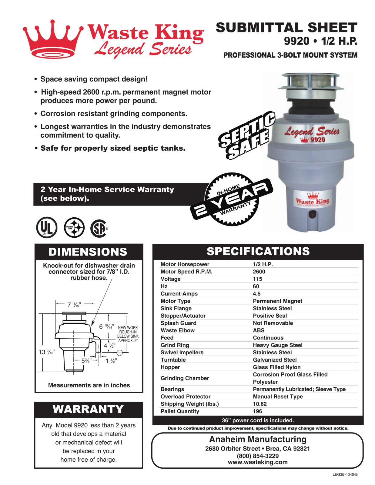 Waste King 9920 Specifications