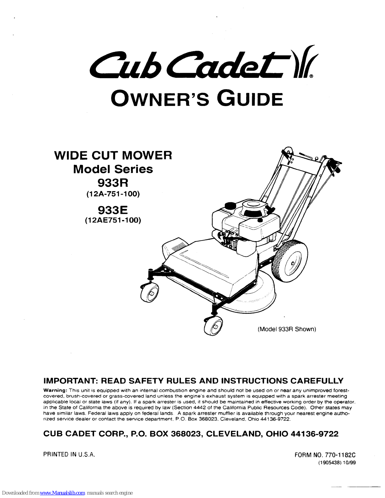 Cub Cadet 933R series, 933E series Owner's Manual