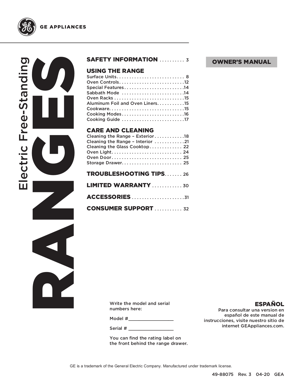 GE Electric Free-Standing RANGES Owner’s Manual