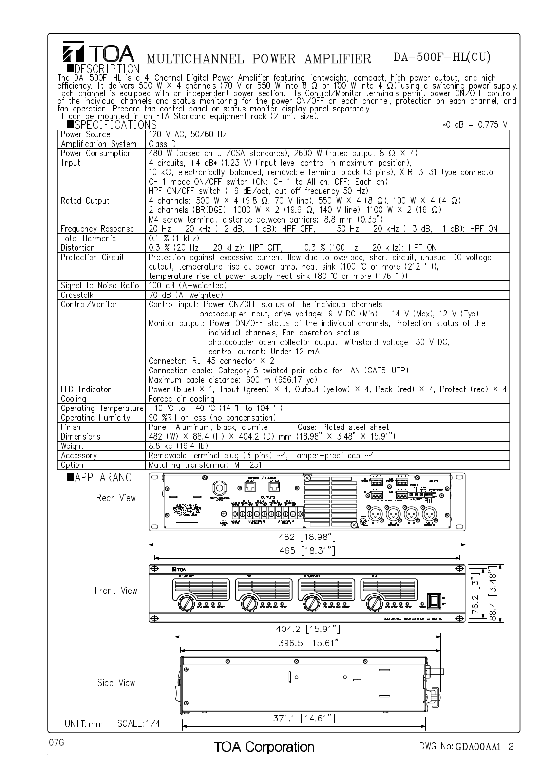 TOA DA-500F-HLCU User Manual