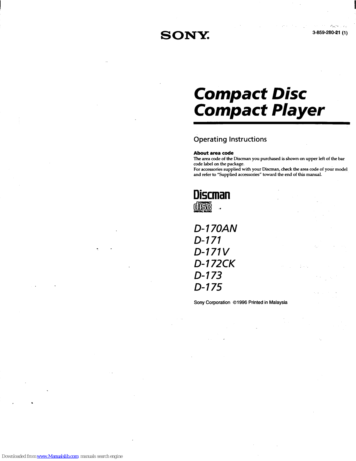 Sony Discman D-170AN, Discman D-171V, Discman D-171, Discman D-172CK, Discman D173 Operating Instructions Manual