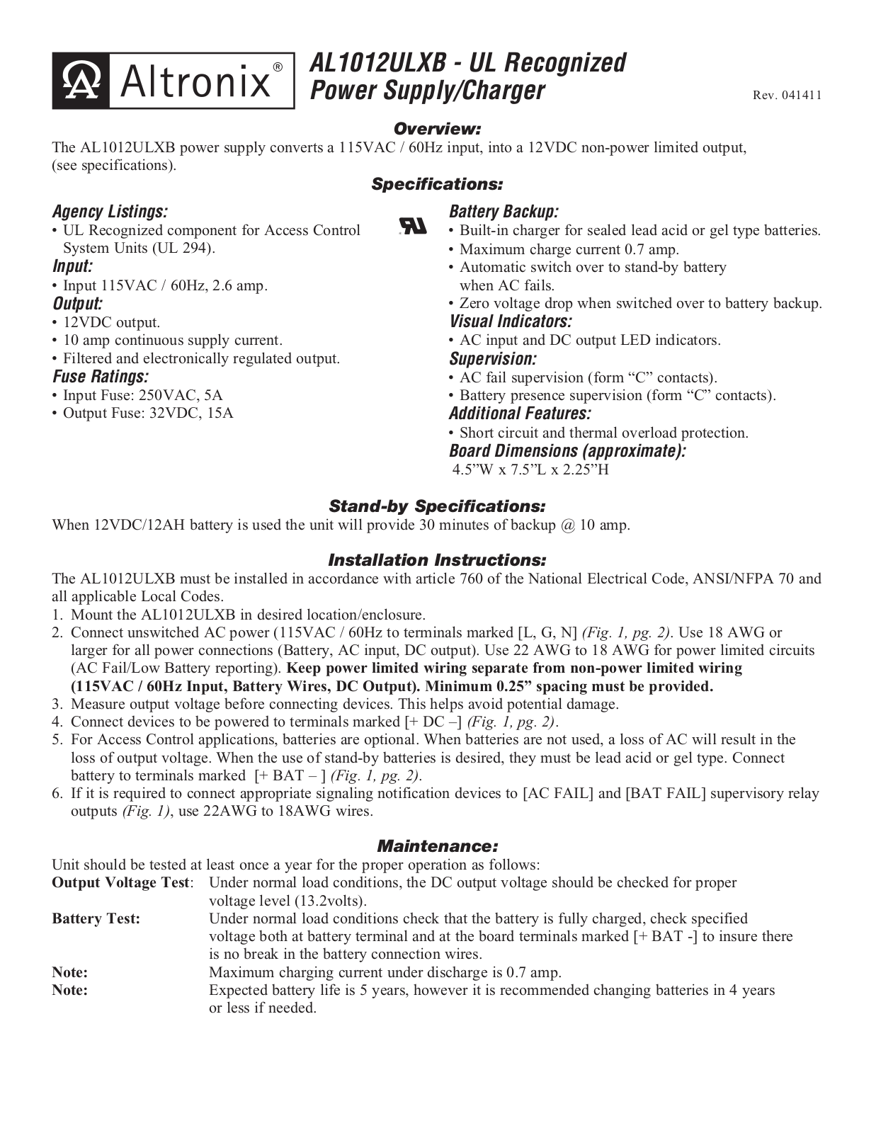 Altronix AL1012ULXB Installation Instructions