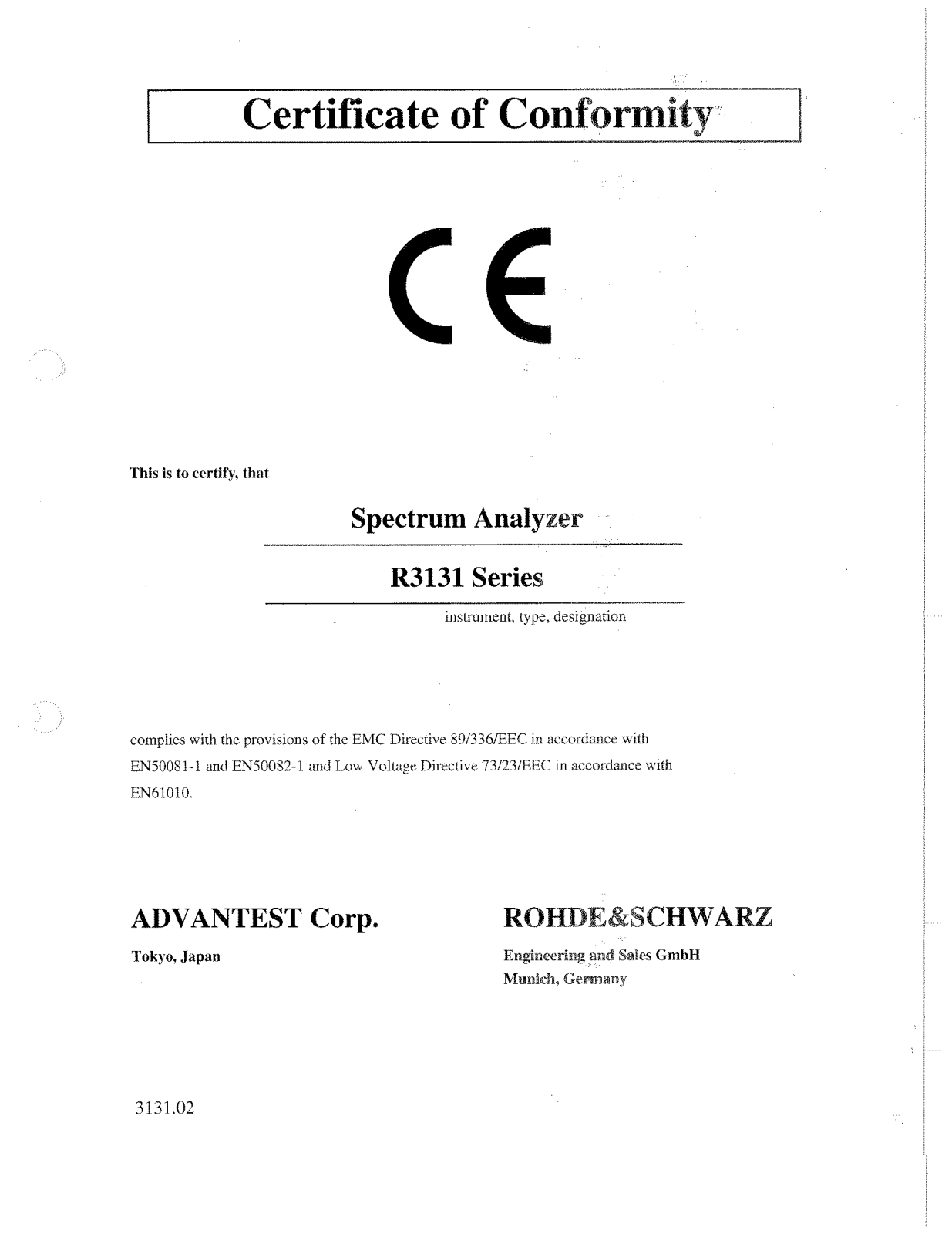 Advantest Corporation R3131 User Manual