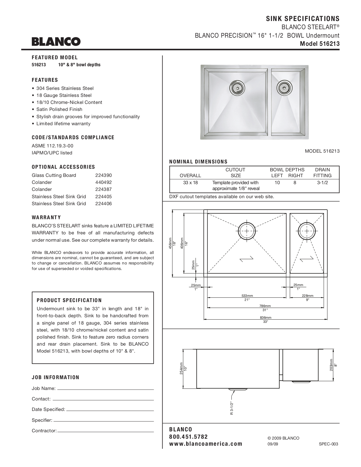 Blanco 516213 Specs