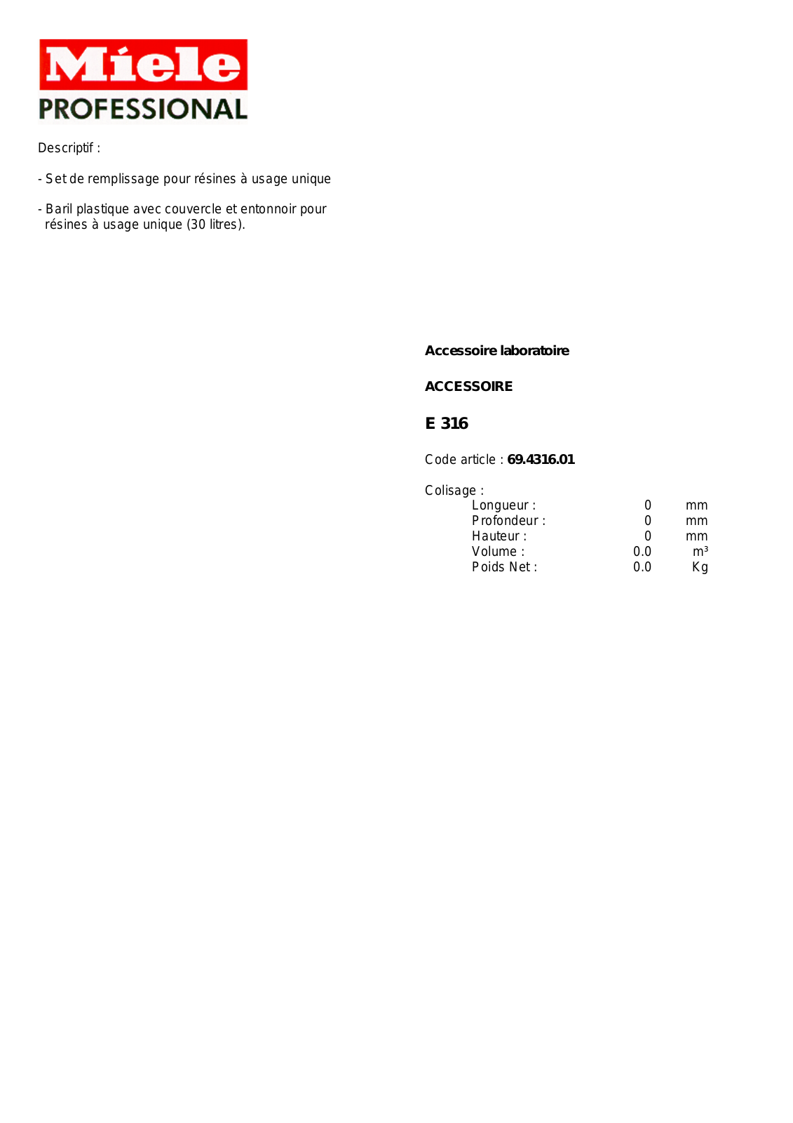 MIELE E 316 DESCRIPTIF User Manual