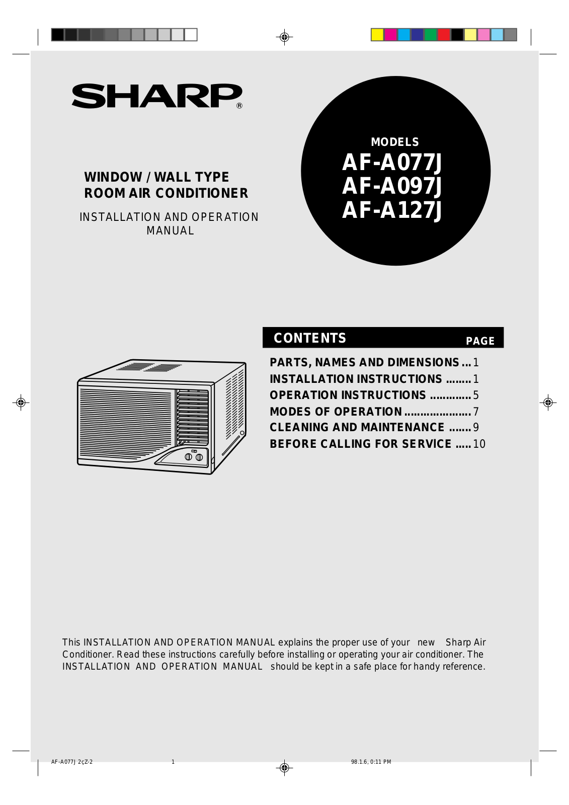 Sharp AF-A077J, AF-A097J, AF-A127J Operation Manual