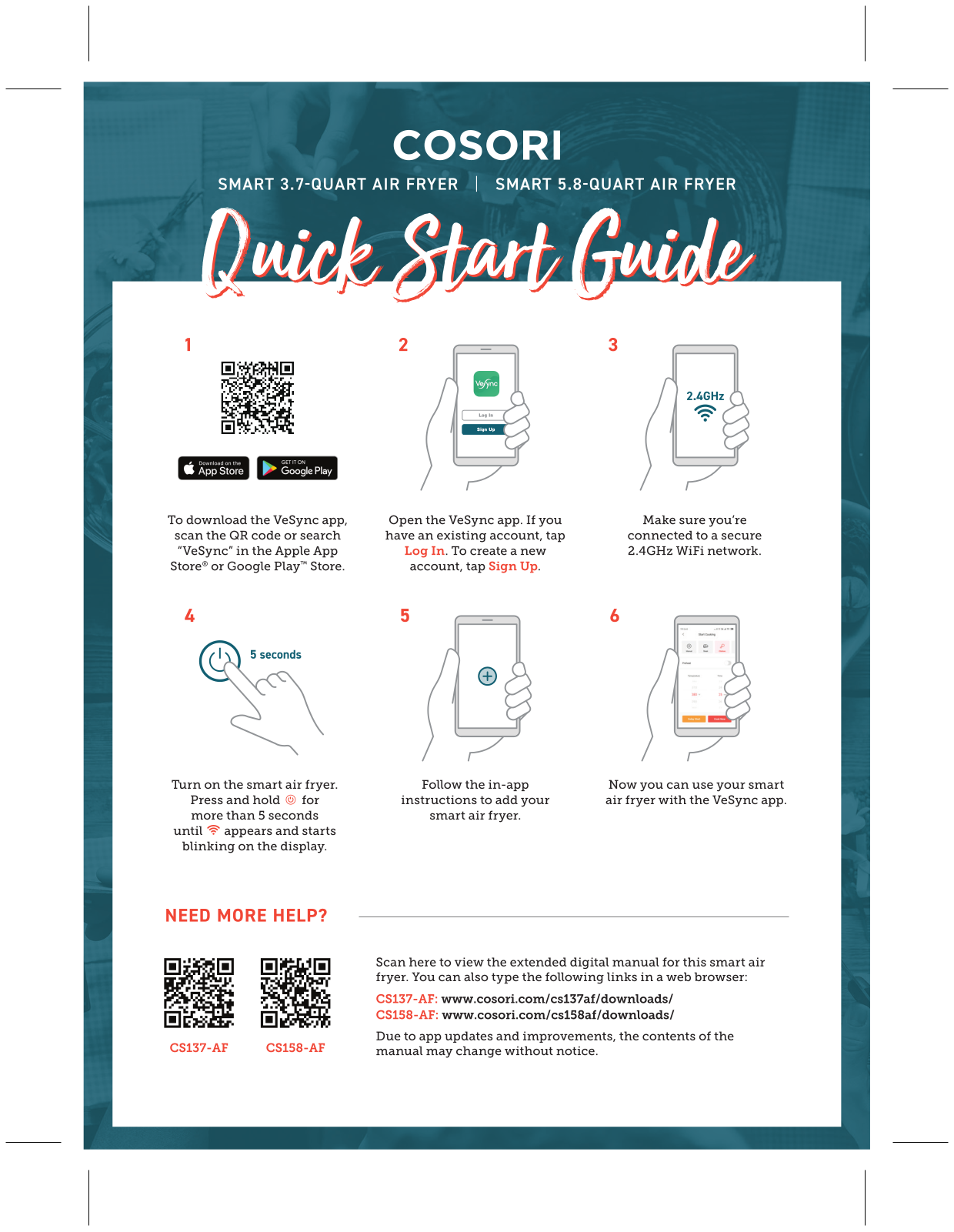 Cosori Smart 3.7-Quart Air Fryer, 5.8 Quart Air Fryer Quick Start Guide