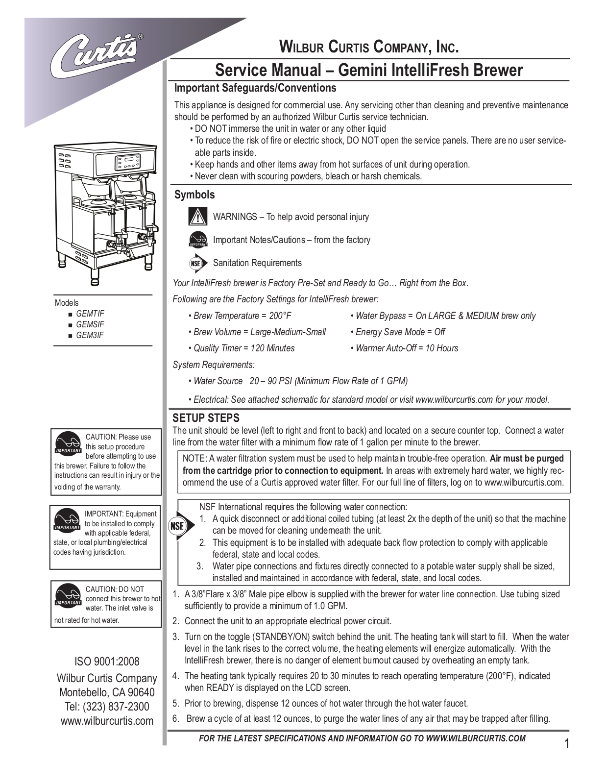 Wilbur Curtis GEMSIF Service Manual