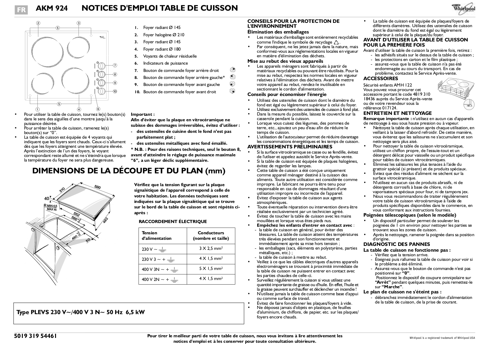 Whirlpool AKM 924 PRODUCT SHEET