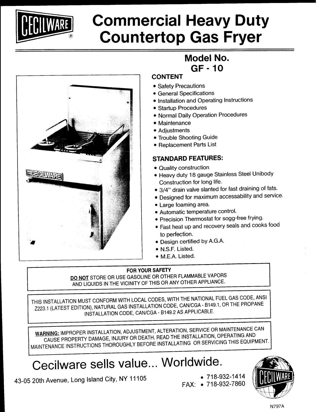 Cecilware GF-10 Operation Manual