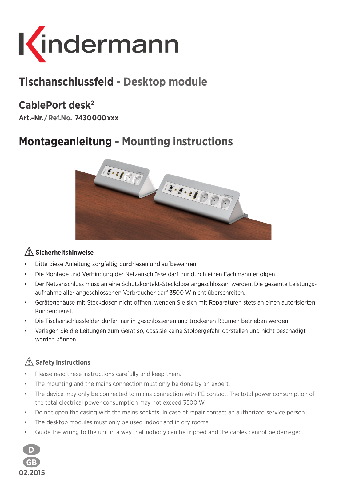 Kindermann CablePort desk2 Mounting Instructions