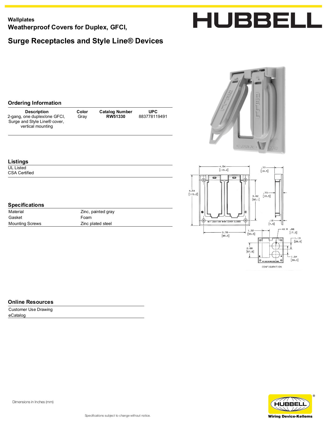 Hubbell RW51330 Specifications