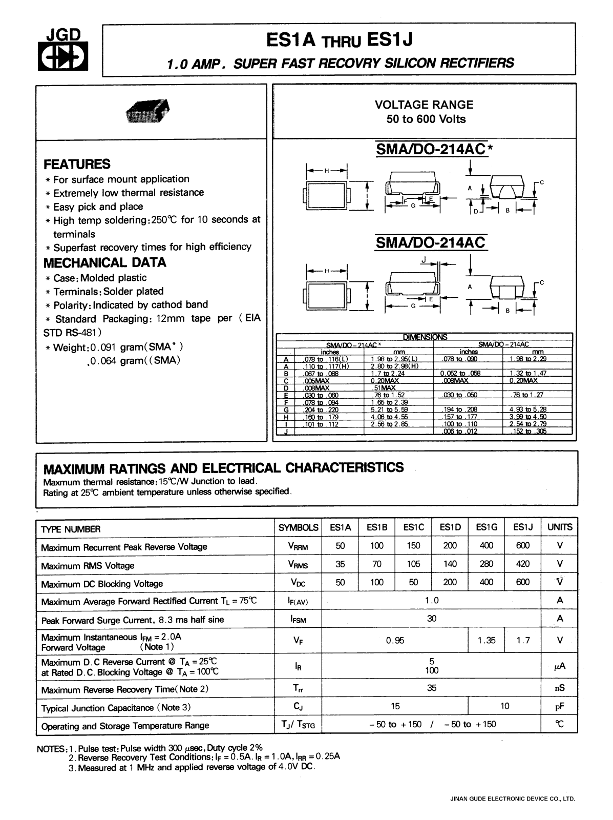 JGD ES1G, ES1B, ES1C, ES1D, ES1J Datasheet