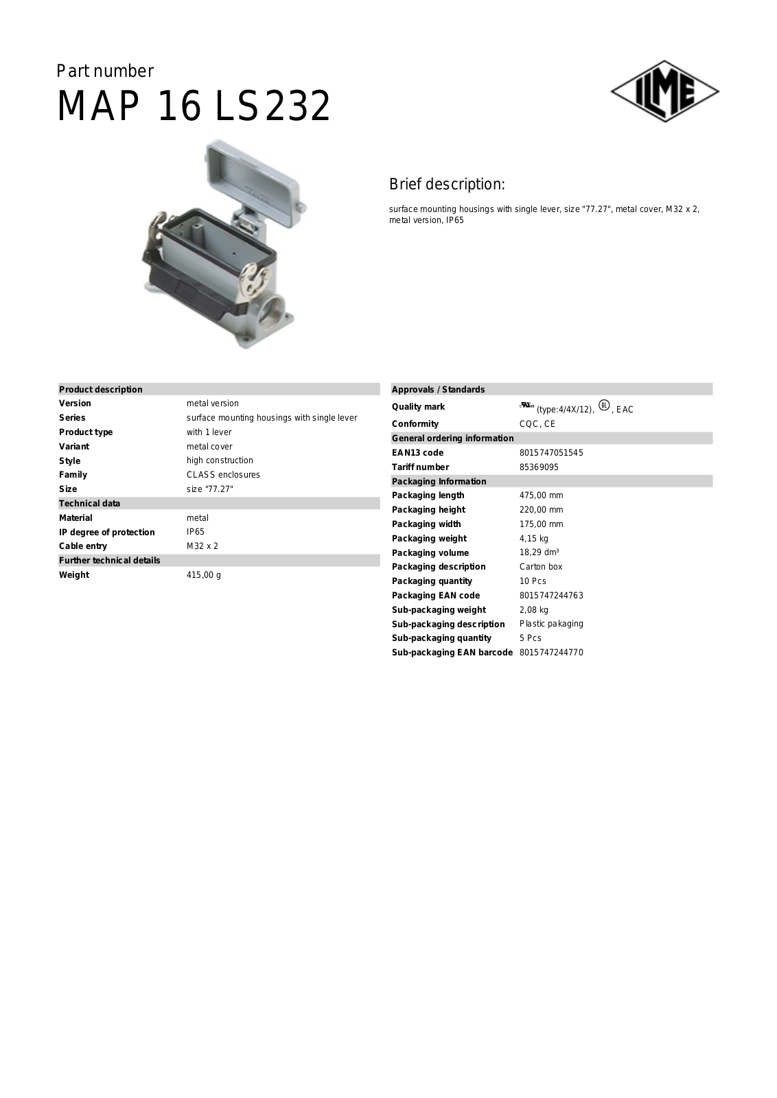 Datasheet MAP-16LS232 Datasheet (ILME) - ManualMachine.com