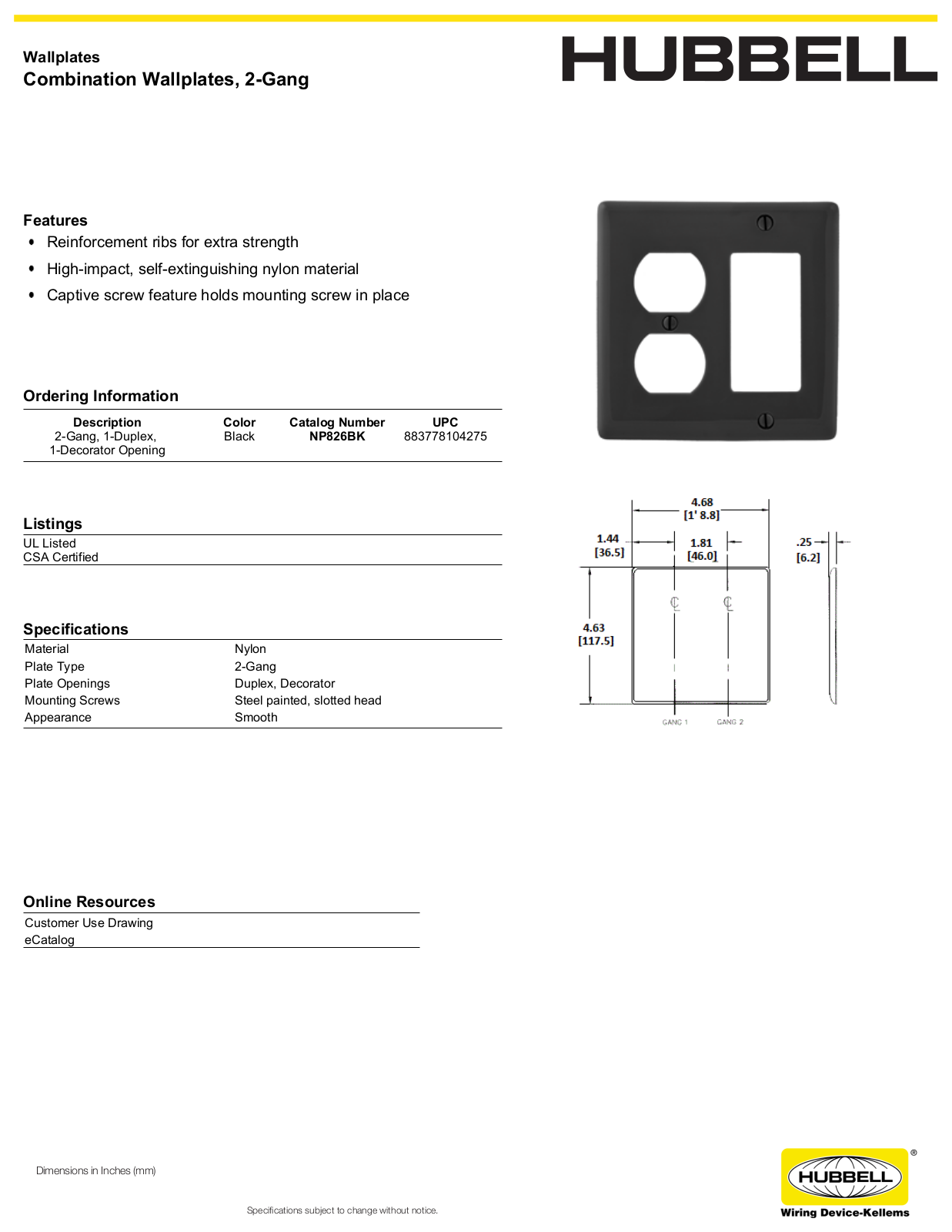 Hubbell NP826BK Specifications