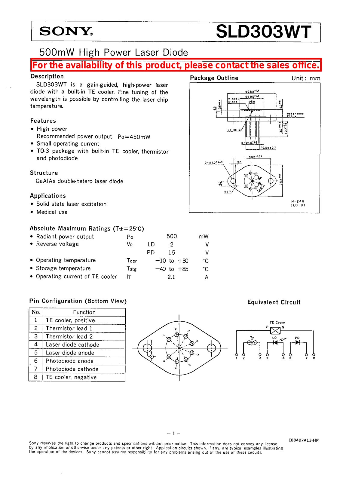 Sony SLD303WT Datasheet