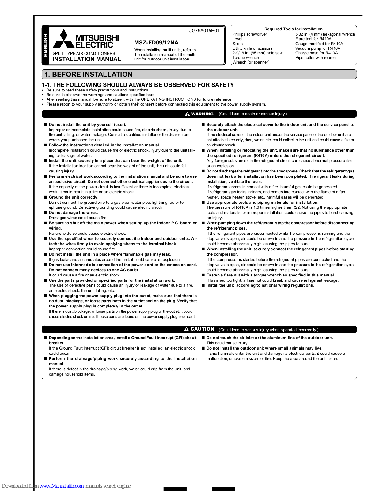 Mitsubishi Electric MSZ-FD09, MSZ-FD12NA, MSZ-FD09NA Installation Manual