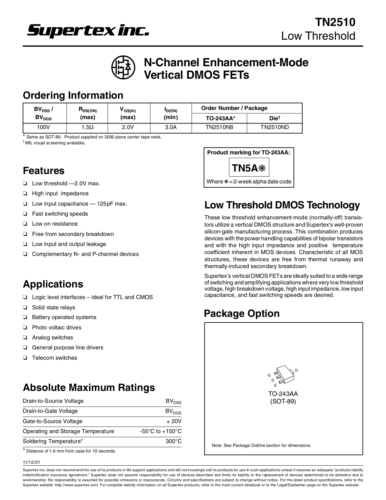 Datasheet TN2510ND, TN2510N8 Datasheet (Supertex) - ManualMachine.com