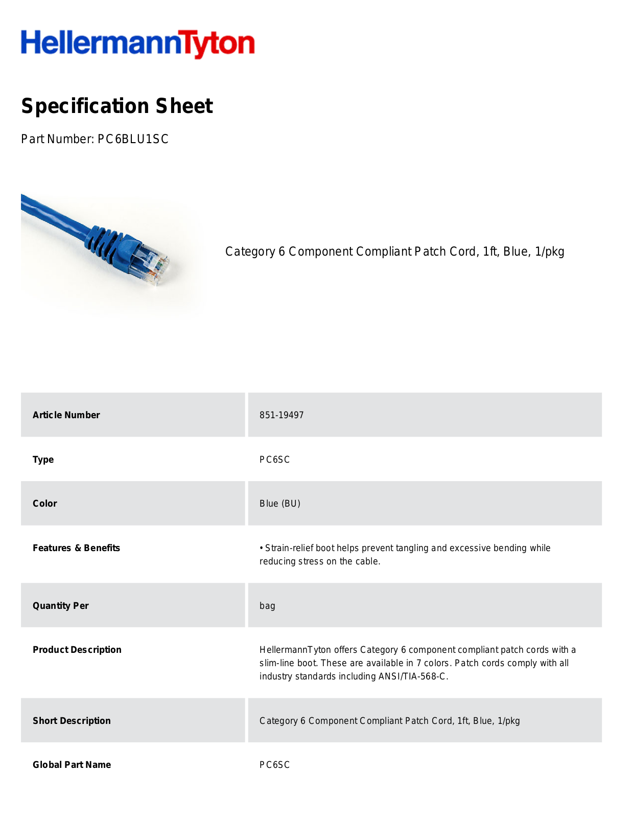 HellermannTyton PC6BLU1SC Specification Sheet