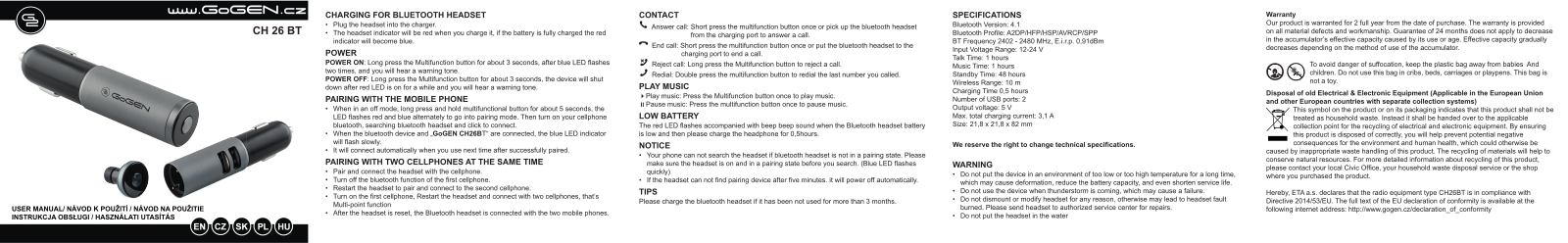 GoGEN CH26BTP User Manual