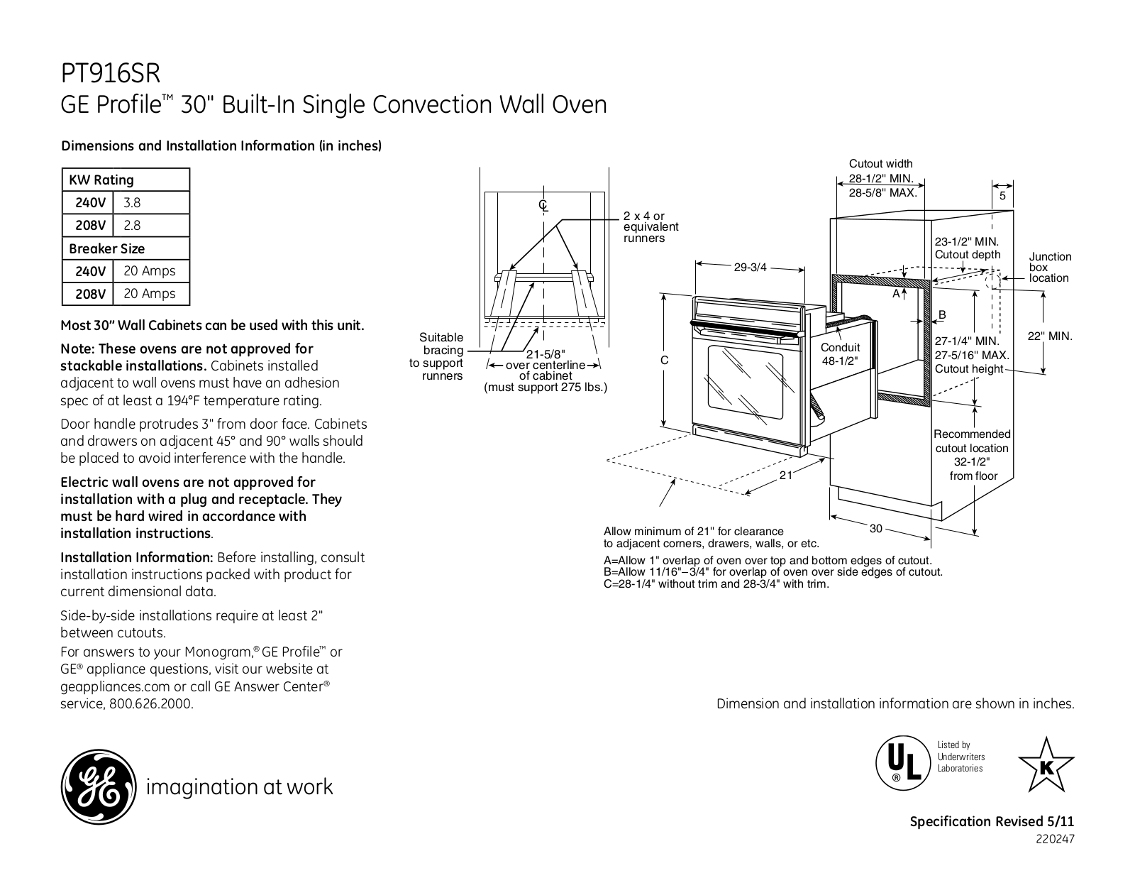 GE PT916SR Specification