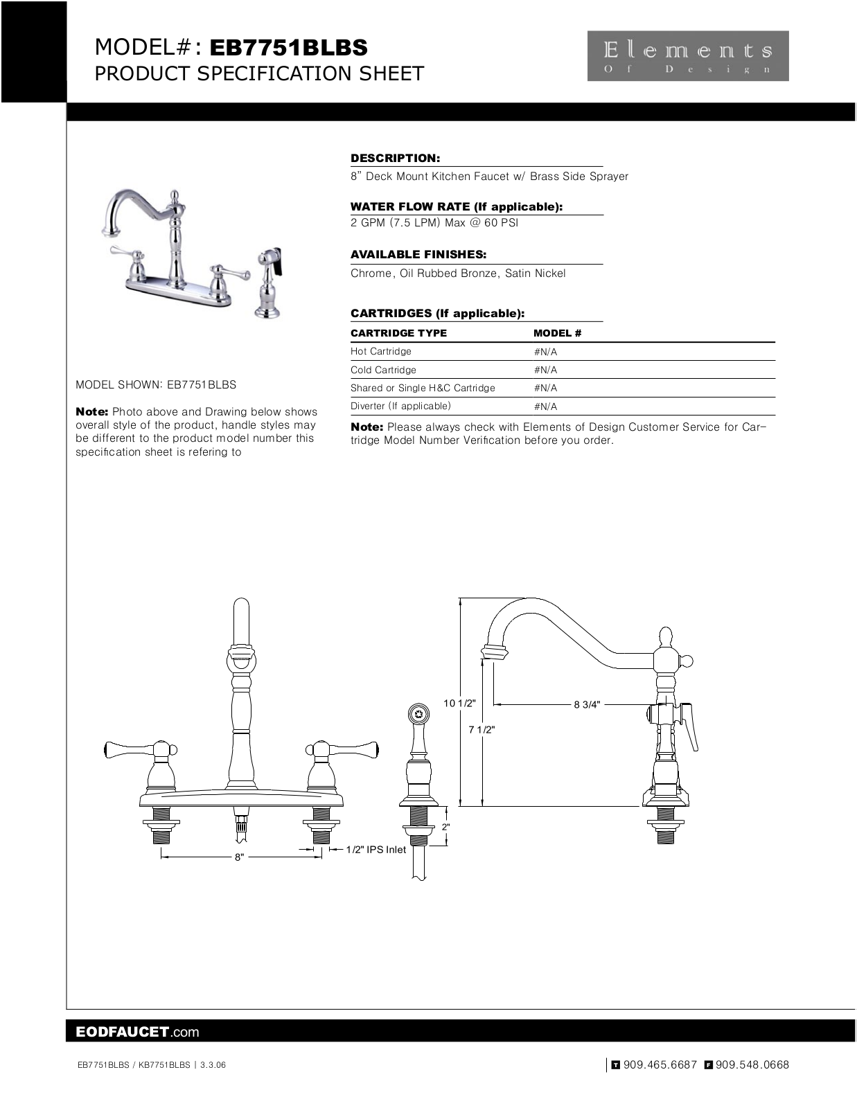 Elements of Design EDE1175 Specification Sheet - ManualMachine.com