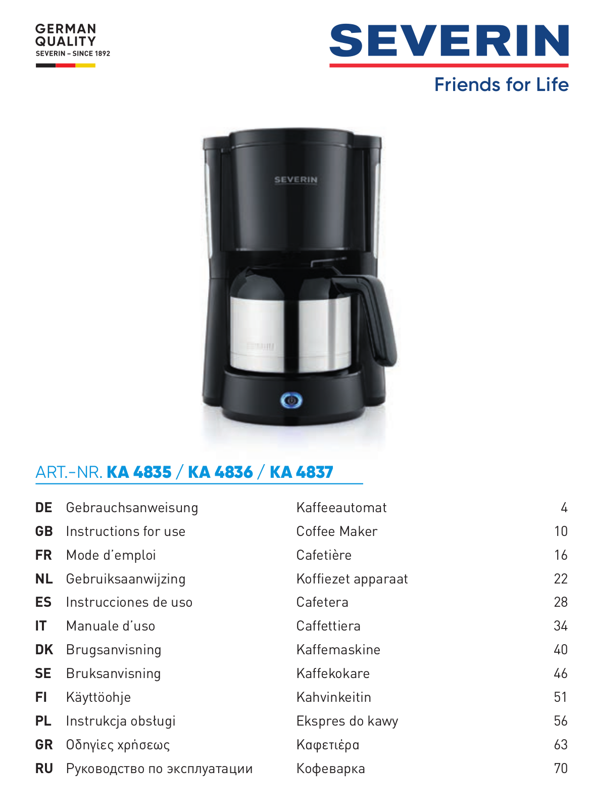 SEVERIN KA 4836, KA 4837 Instructions For Use Manual