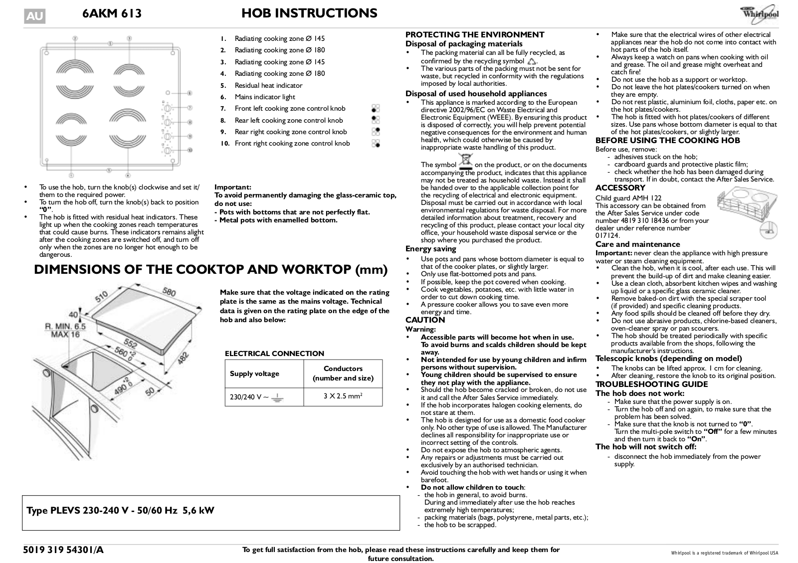 Whirlpool 6AKM 613 INSTRUCTION FOR USE