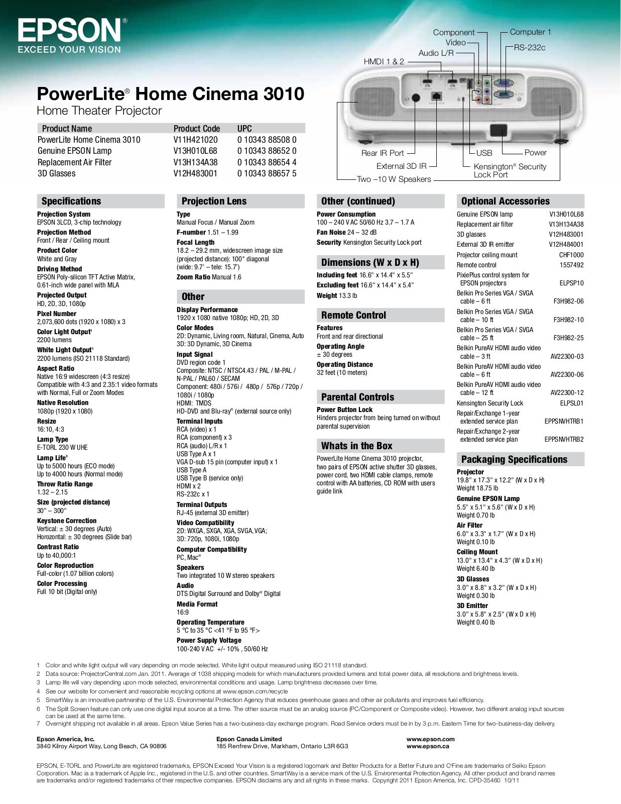 Epson PowerLite Home Cinema 3010 Product Sheet